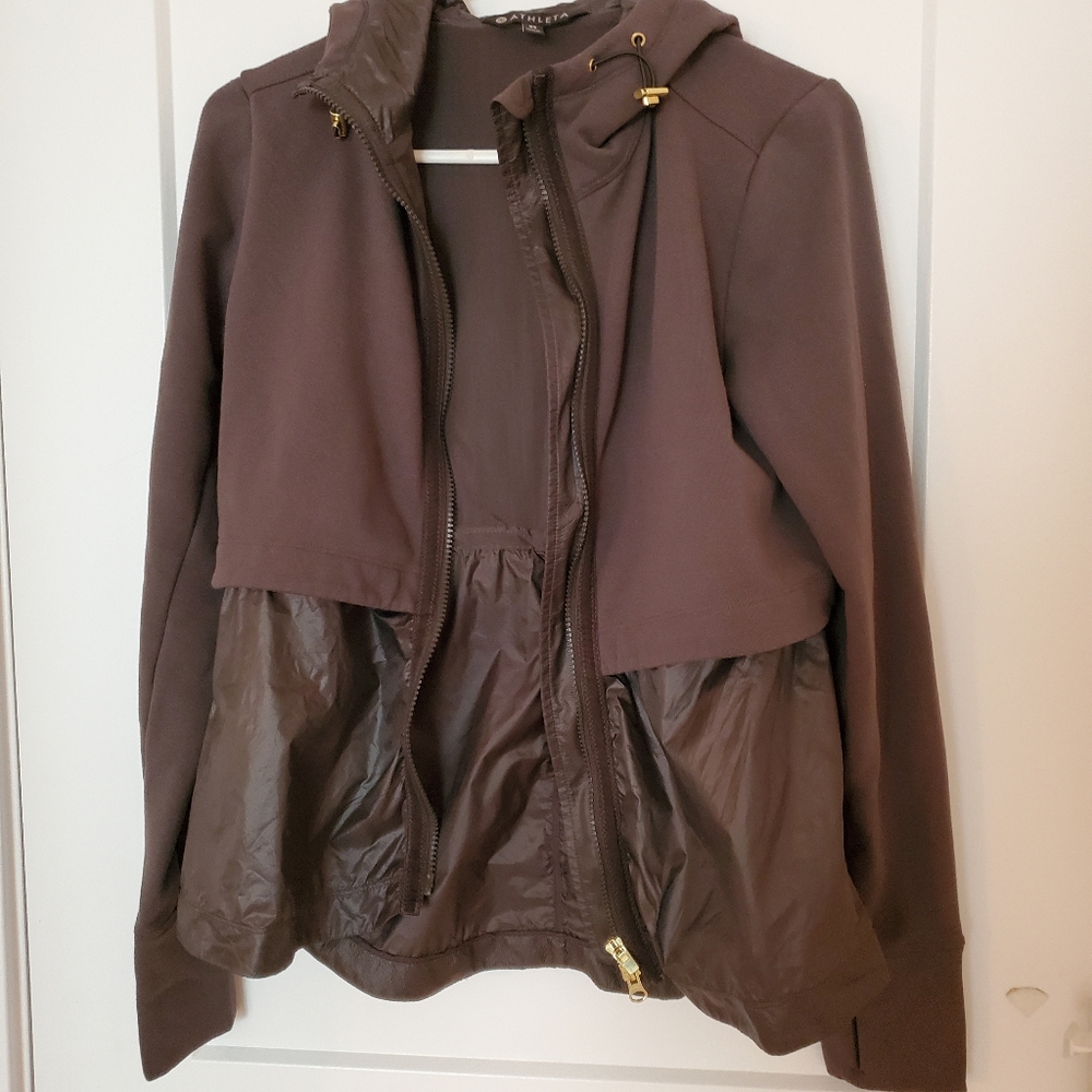 Athleta Women's grey hooded layered light weight athletic jacket, size XS - Picture 3 of 11